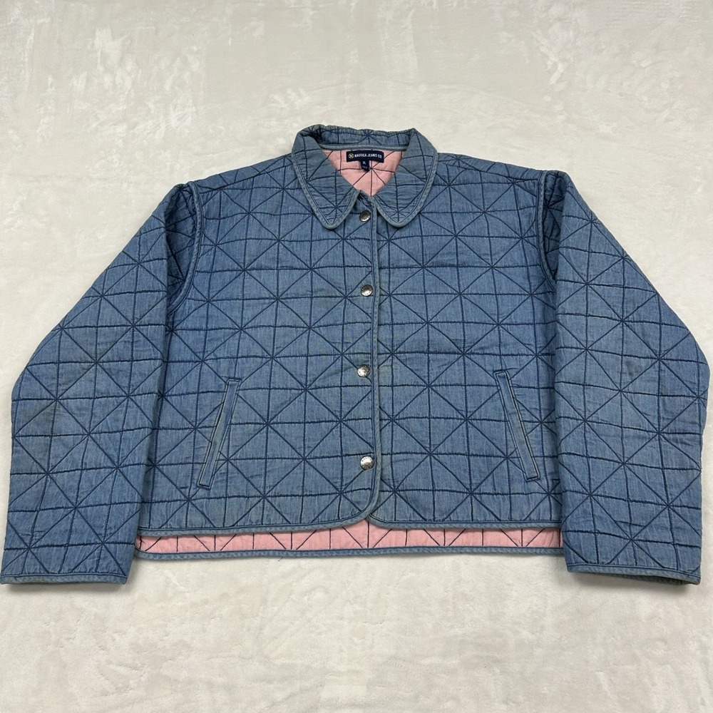 Nautica Jeans Co Quilted Denim Jacket Womens XL Blue Pink Geometric Stitch Lined